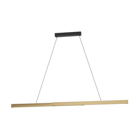 Montebuono 2 Light Pendant in black, brown and gold, a slim LED bar suspended on two fine wires from a black rectangular ceiling canopy, shown against a plain white background.