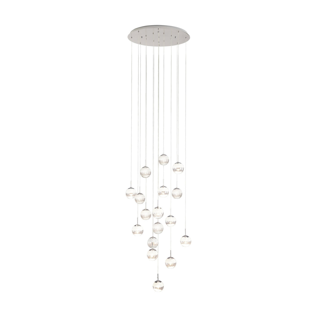 Montefio 2 Glass 17 Light Pendant in chrome, with clear glass globes cascading at varying heights from a round ceiling plate, shown on a plain white background.