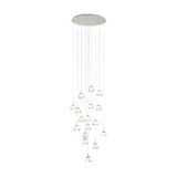 Montefio 2 Glass 17 Light Pendant in chrome, with clear glass globes cascading at varying heights from a round ceiling plate, shown on a plain white background.