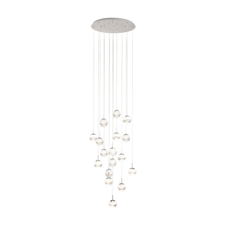 Montefio 2 Glass 17 Light Pendant in chrome, with clear glass globes cascading at varying heights from a round ceiling plate, shown on a plain white background.