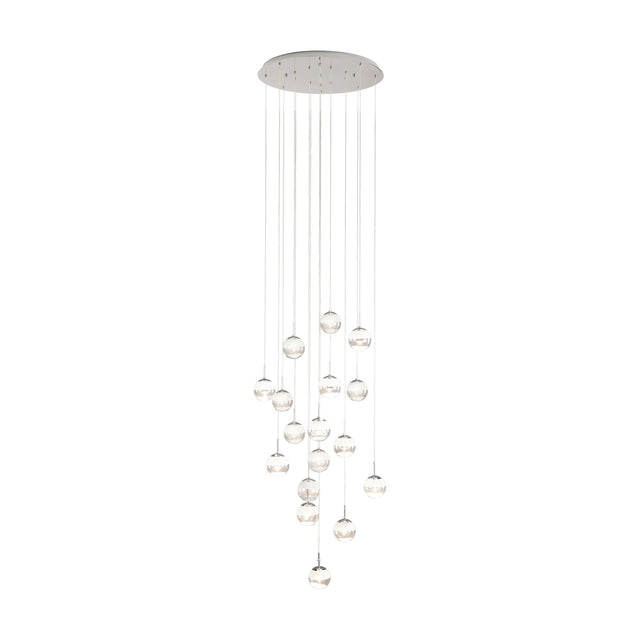 Montefio 2 Glass 17 Light Pendant in chrome, with clear glass globes cascading at varying heights from a round ceiling plate, shown on a plain white background.