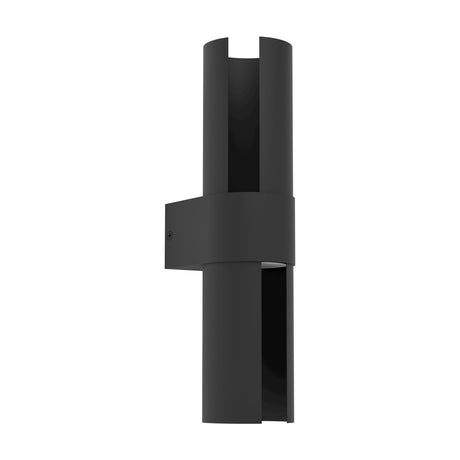 Montelauro LED Outdoor Wall Light in black textured aluminium, a slim cylindrical fixture with upper and lower light slots and a central wall bracket band, shown on a plain white background.