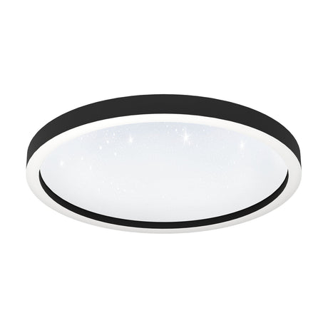 Montemorelos round LED flush ceiling light with black aluminium ring and white crystal-effect plastic diffuser, shown on a plain white background.