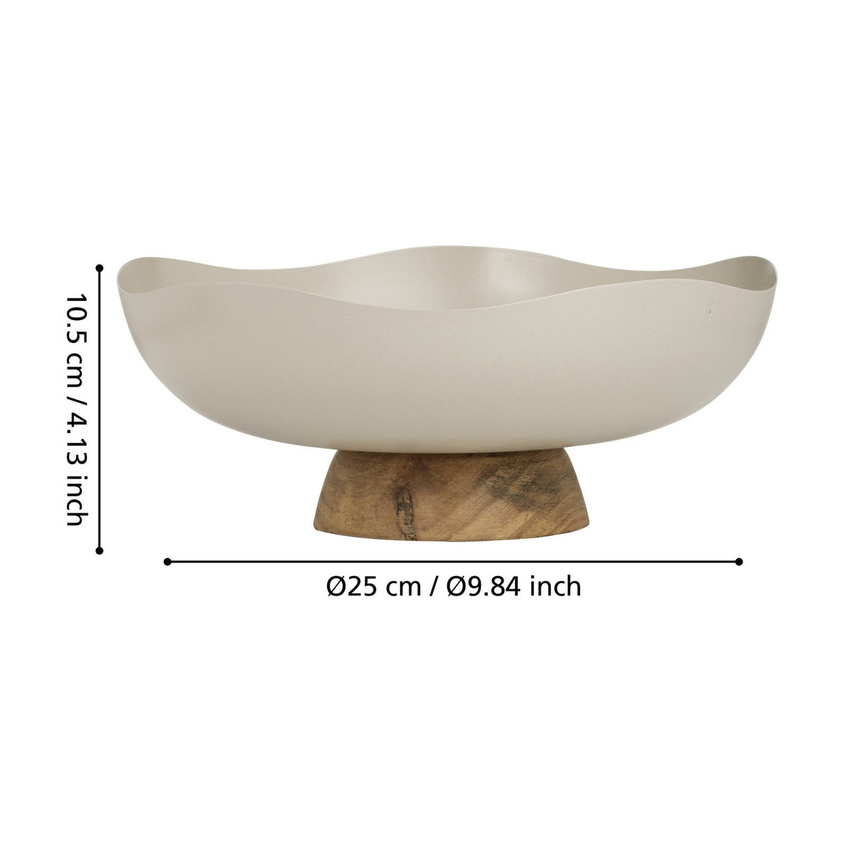 Monywa decorative bowl with wavy cream metal rim on a round wood pedestal base, shown with dimension labels Ø25cm and 10.5cm height on a white background.