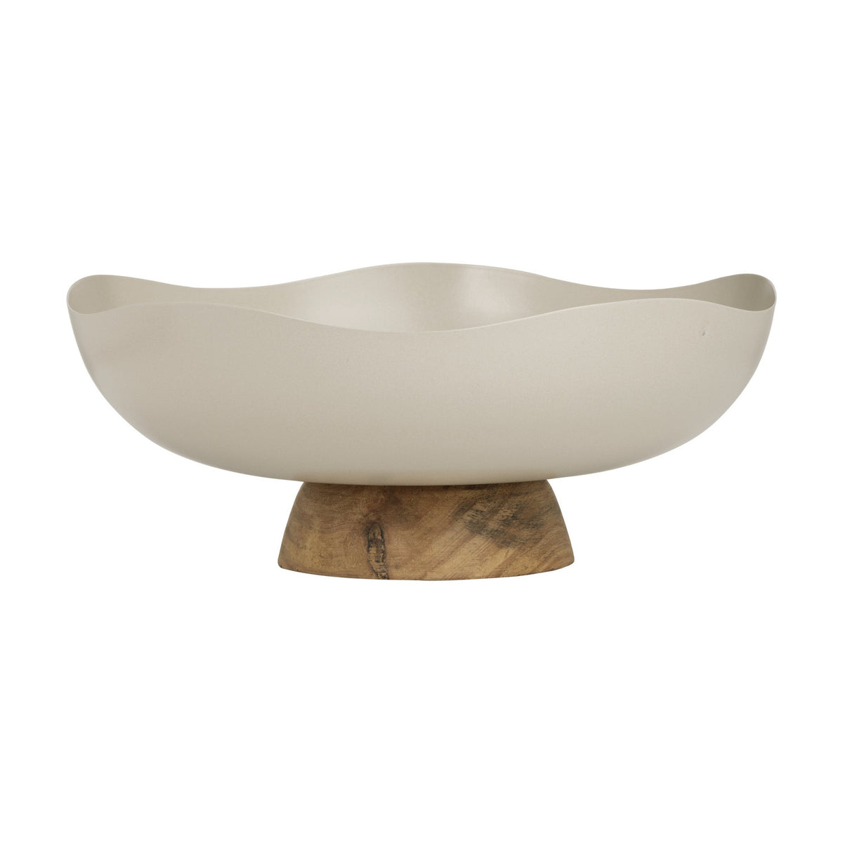 Monywa decorative bowl in cream-coloured metal with a wavy, organic rim, raised on a short wooden pedestal foot, shown on a plain white background.