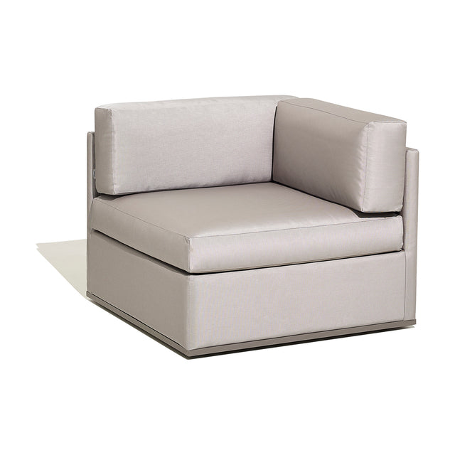 Mood XL Upholstered Garden Corner Sofa Module in light grey fabric with box cushions, square frame and right-angle backrest, shown on a plain white background.
