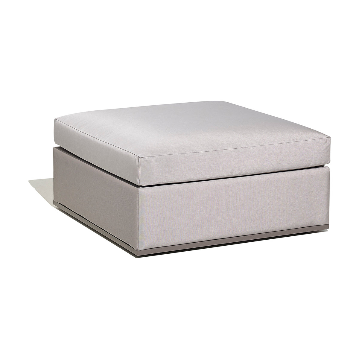 Mood XL Upholstered Garden Footstool, a square 89 x 89cm outdoor ottoman in light grey fabric with a thick removable seat cushion and boxy base, shown on a plain white background.