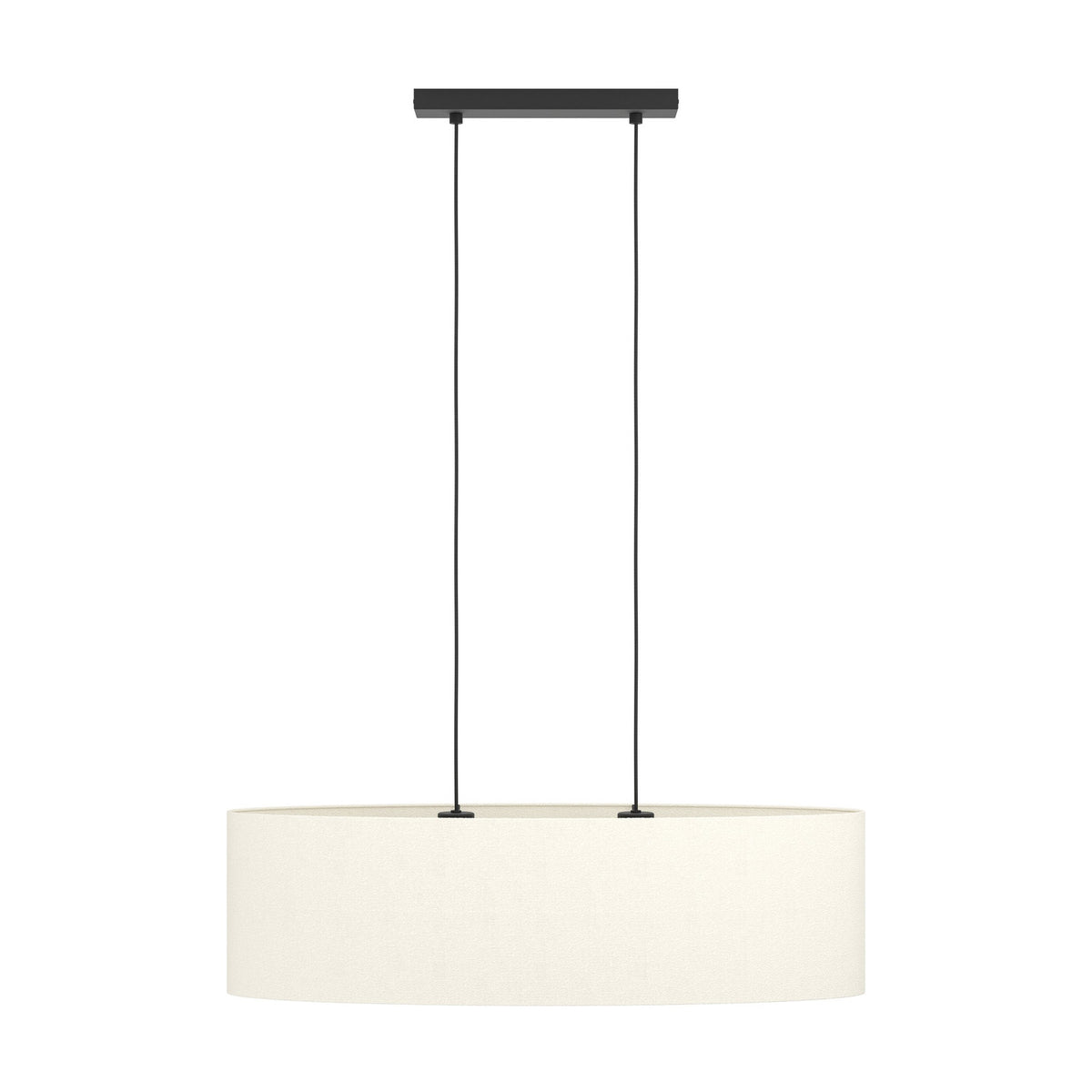 Morbarne Fabric 2 Light Pendant in Black, oval cream fabric drum shade on twin black cords with a black steel bar canopy, shown on a plain white background.