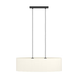Morbarne Fabric 2 Light Pendant in Black, oval cream fabric drum shade on twin black cords with a black steel bar canopy, shown on a plain white background.
