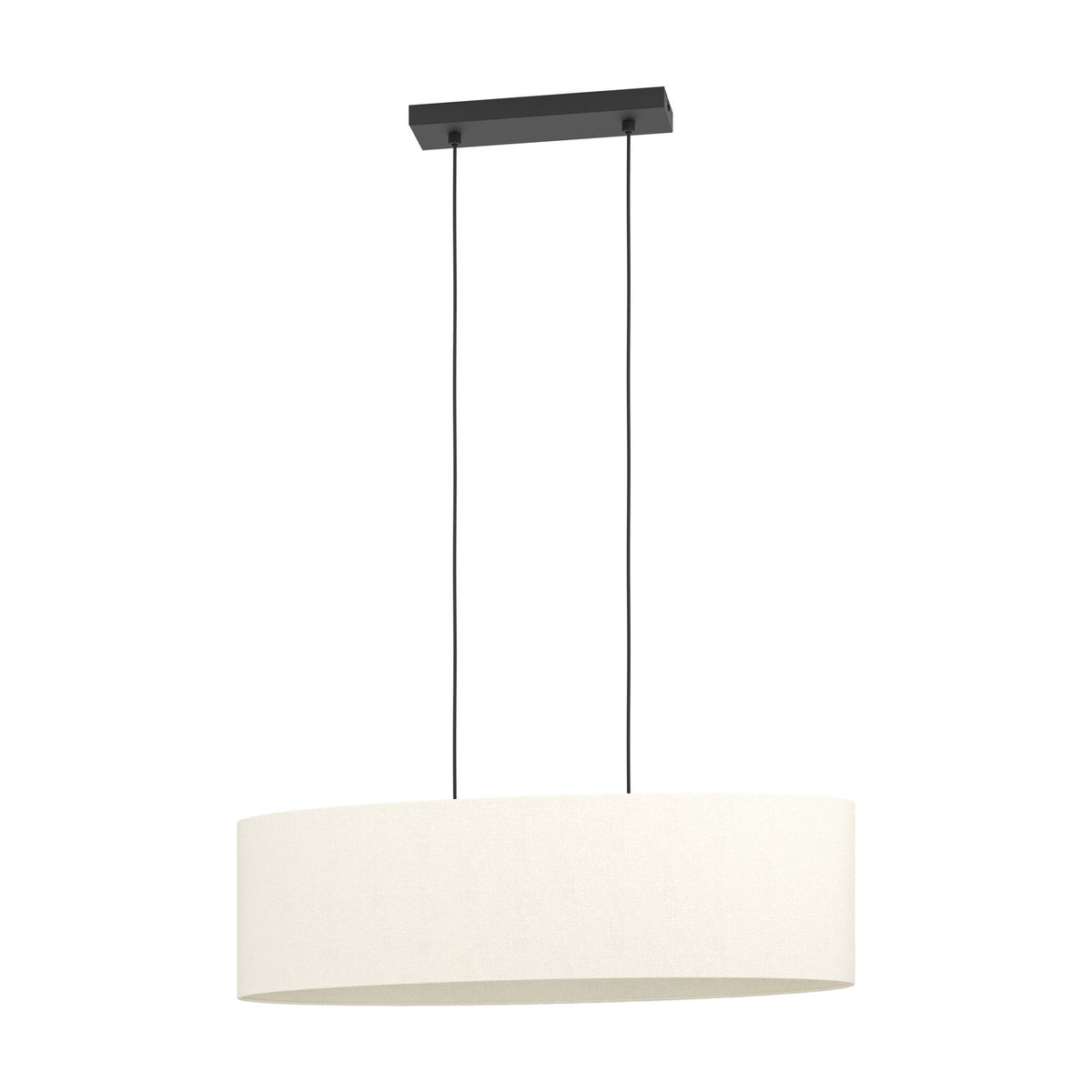 Morbarne Fabric 2 Light Pendant in Black – long oval drum shade in cream fabric, suspended on two black cords from a black steel bar canopy, shown on a plain white background.