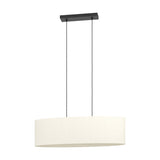 Morbarne Fabric 2 Light Pendant in Black – long oval drum shade in cream fabric, suspended on two black cords from a black steel bar canopy, shown on a plain white background.