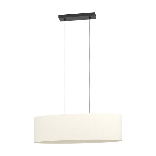 Morbarne Fabric 2 Light Pendant in Black – long oval drum shade in cream fabric, suspended on two black cords from a black steel bar canopy, shown on a plain white background.