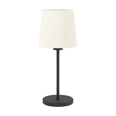 Morbarne Table Lamp in black, featuring a slim steel stem, round base, and tapered off-white fabric shade, shown on a plain white background.