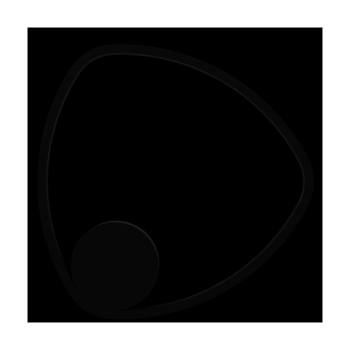 Moschella LED flush ceiling light with a slim rounded-triangle ring in black, white diffuser edge, round canopy, aluminium and steel construction, shown against a plain black background.