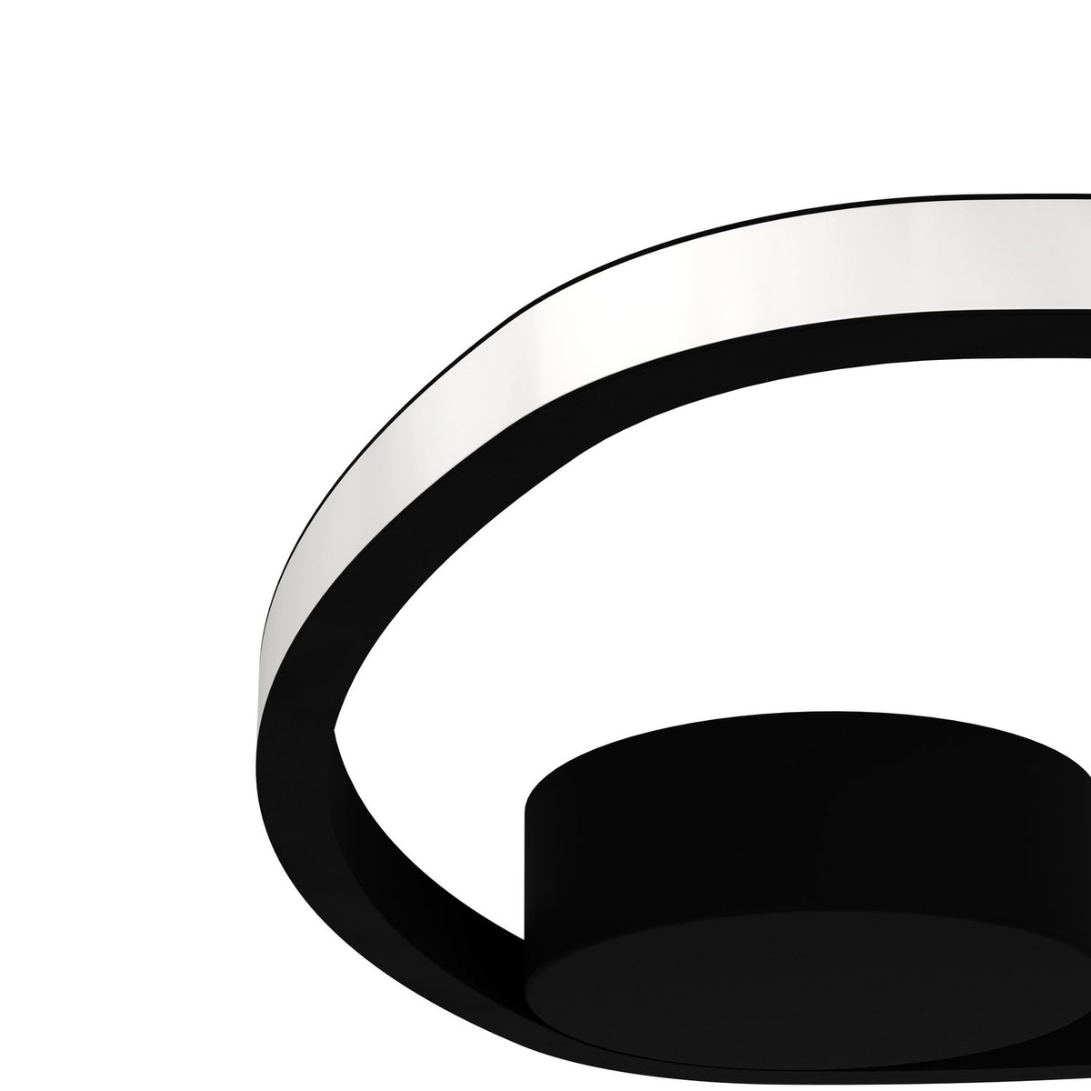 Close-up of the Moschella LED flush ceiling light in black, showing the rounded-triangle ring with white diffuser edge and round black canopy, on a plain white background.