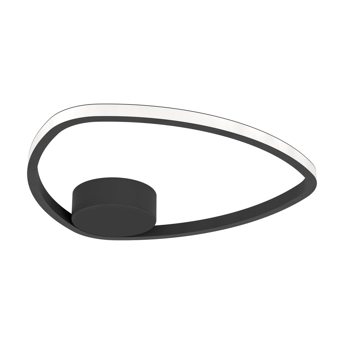 Moschella LED Flush Ceiling Light in black, featuring a rounded-triangle ring with a white plastic diffuser edge and round black canopy, shown on a plain white background.