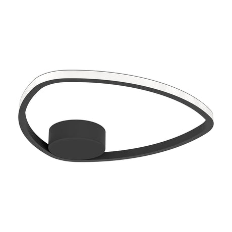 Moschella LED Flush Ceiling Light in black, featuring a rounded-triangle ring with a white plastic diffuser edge and round black canopy, shown on a plain white background.