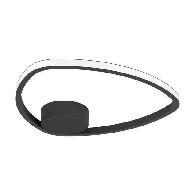 Moschella LED Flush Ceiling Light in black, featuring a rounded-triangle ring with a white plastic diffuser edge and round black canopy, shown on a plain white background.