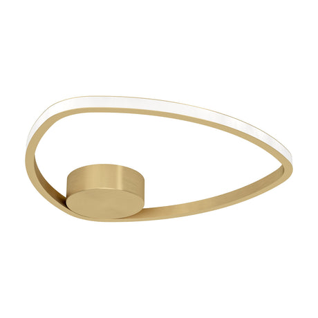 Moschella LED flush ceiling light in brushed brass, a slim rounded triangular ring with white diffuser and round off-centre ceiling canopy, shown on a plain white background.