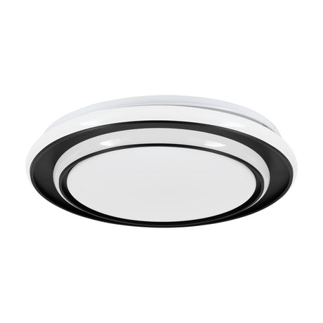 Moschetta LED Flush Ceiling Light, 40cm round fixture with black steel stepped rings and a white plastic diffuser, shown at an angle on a plain white background.