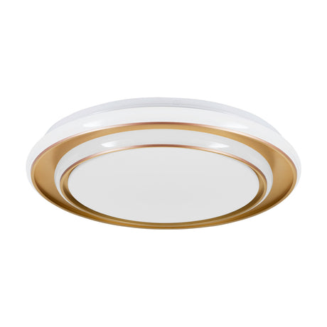 Moschetta LED Flush Ceiling Light 40cm in Gold, a round tiered fixture with gold rings framing white bands and a central white diffuser, shown on a plain white background.