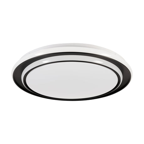 Moschetta LED Flush Ceiling Light 49cm in Black, a round fixture with a black steel frame, white outer rim and white plastic diffuser, shown on a plain white background.