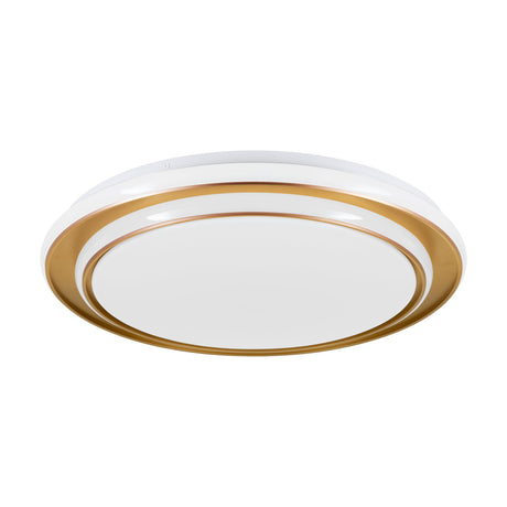 Moschetta LED flush ceiling light, 49cm round design with white plastic diffuser framed by stepped gold steel rings, shown on a plain white background.