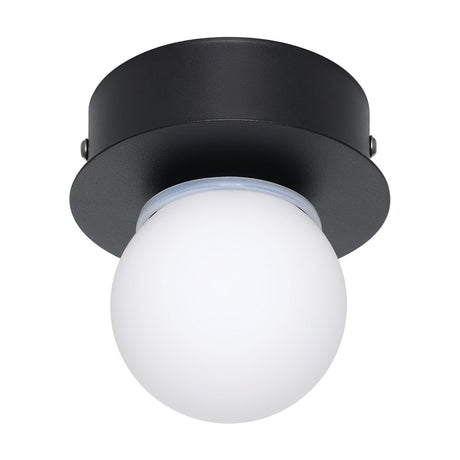 Mosiano LED Bathroom Ceiling Light in black steel with a round flat canopy and matt opal glass globe shade, shown on a plain white background.