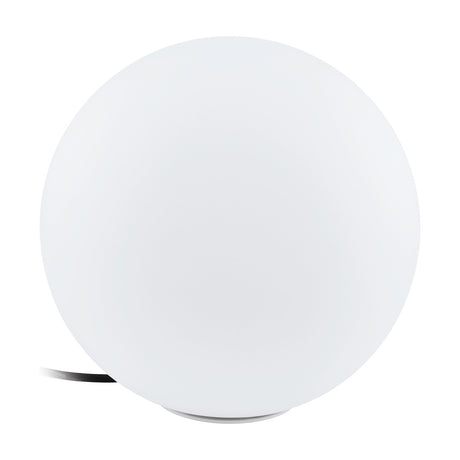 Mosvine Outdoor Post Light 30cm in white, featuring a frosted spherical globe on a low round plastic base, shown on a plain white background.