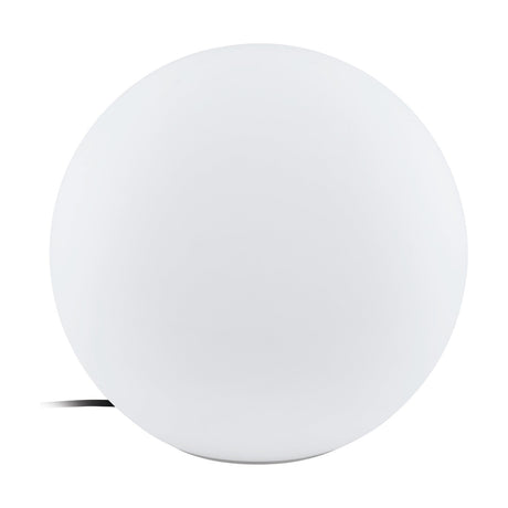 Mosvine Outdoor Post Light 39cm in white, a spherical plastic globe on a round base with visible power cable, shown against a plain white background.