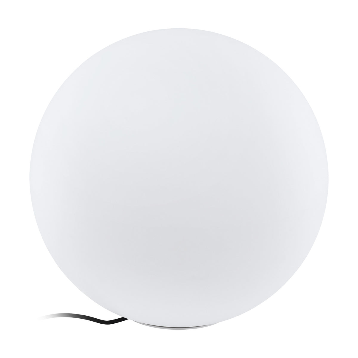 Mosvine smart outdoor floor lamp, a white plastic spherical globe on a low base with visible power cable, shown on a plain white background.