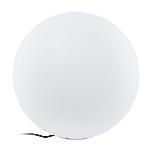 Mosvine smart outdoor floor lamp, a white plastic spherical globe on a low base with visible power cable, shown on a plain white background.