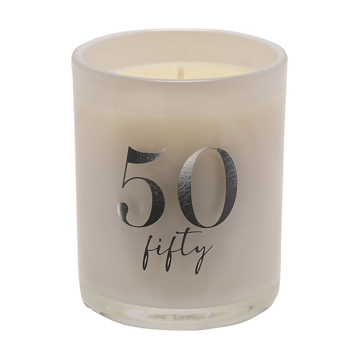 White cylindrical glass candle holder with pearly sheen, printed with a bold silver "50" and "fifty" script, cream wax candle inside, on a plain white background.