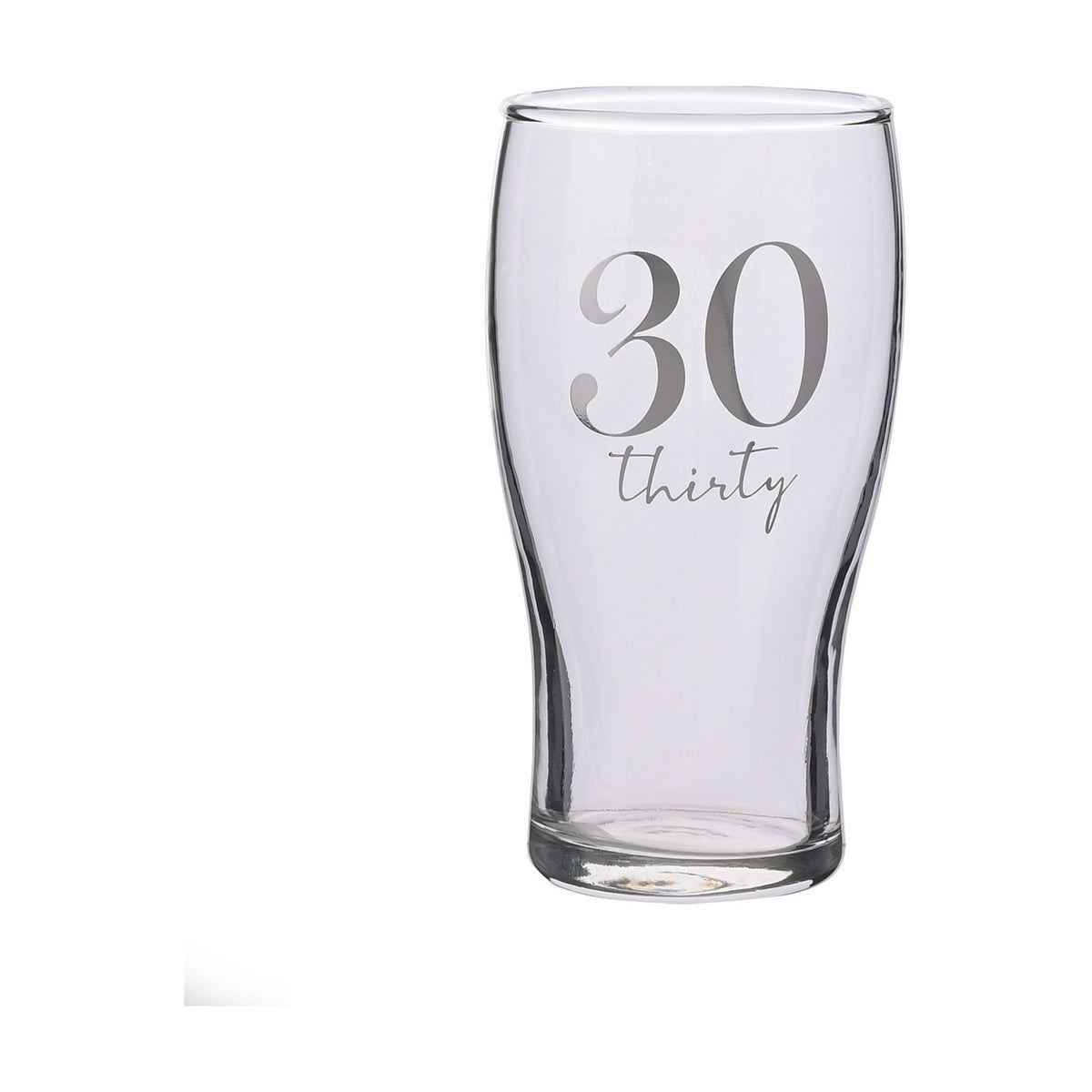 30th Birthday Beer Glass with Silver Script Print - Clear