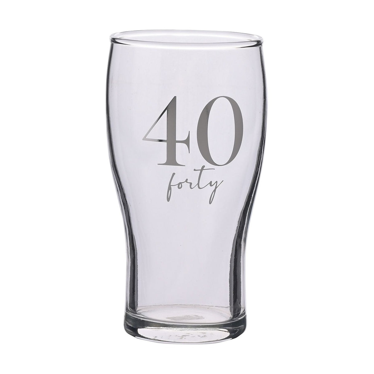 Clear tulip-shaped pint beer glass with "40" and "forty" printed in silver-grey script, shown against a plain white background.