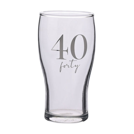 Clear tulip-shaped pint beer glass with "40" and "forty" printed in silver-grey script, shown against a plain white background.