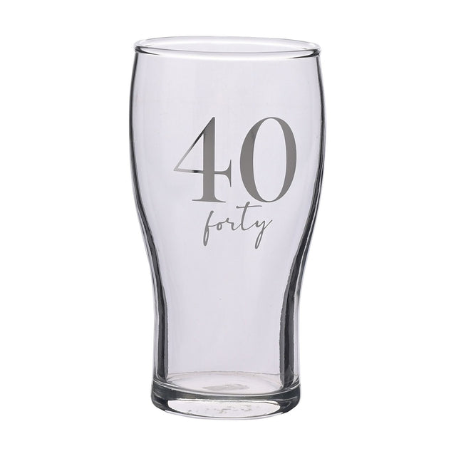 Clear tulip-shaped pint beer glass with "40" and "forty" printed in silver-grey script, shown against a plain white background.