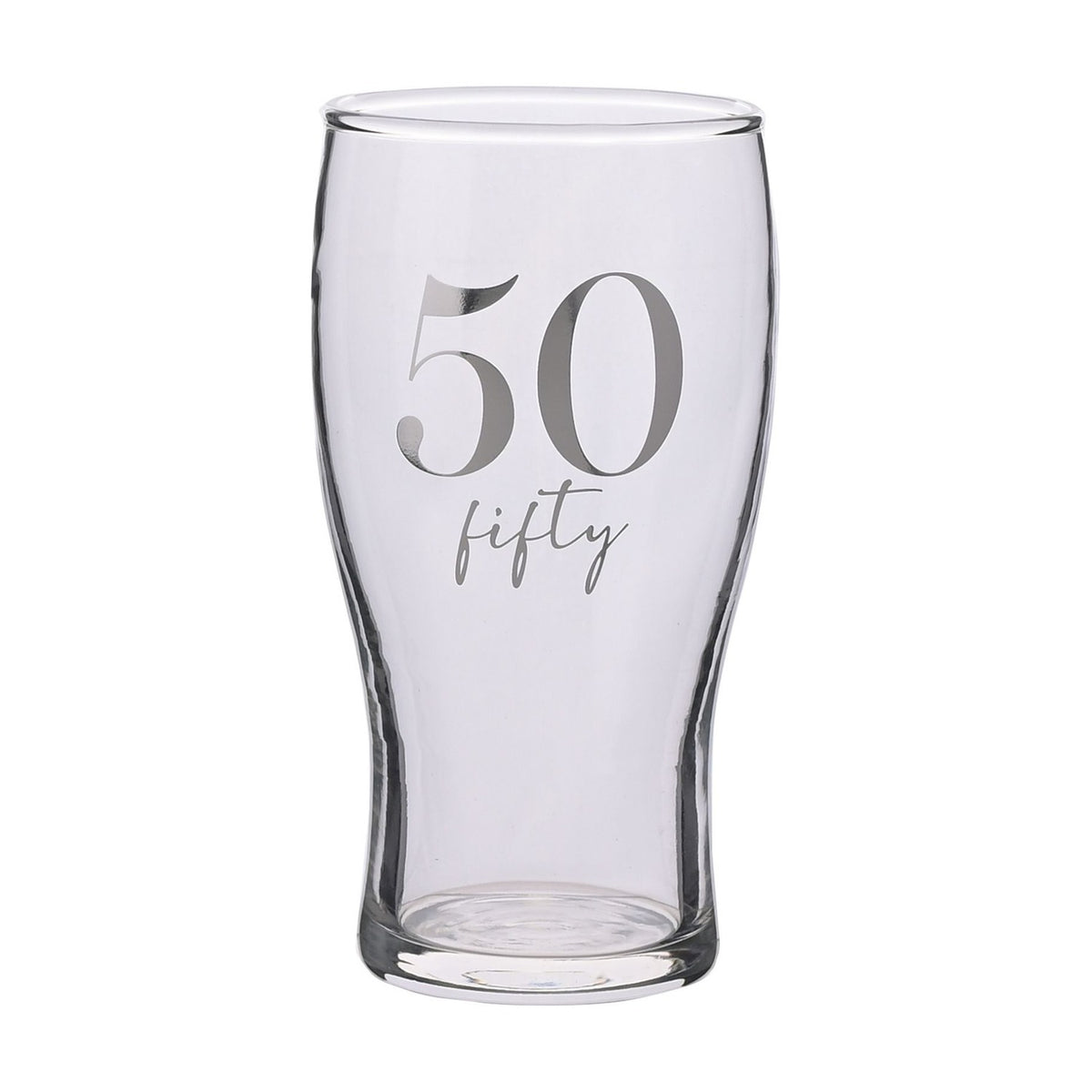 50th Birthday Tulip Beer Glass with Silver Lettering - Clear