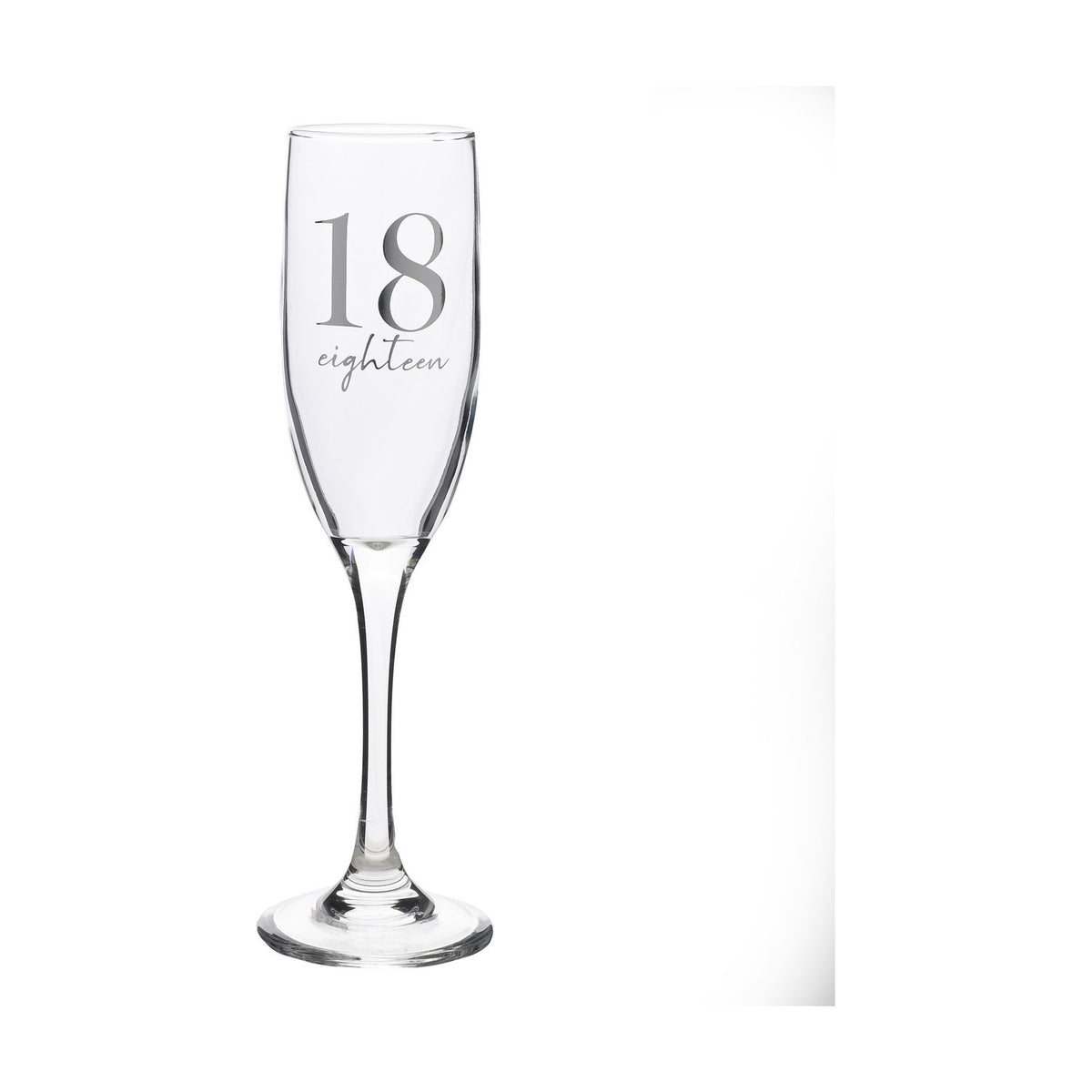 Clear champagne flute with a tall slender stem and round foot, featuring a silver-grey "18" and "eighteen" script on the bowl, shown against a plain white background.