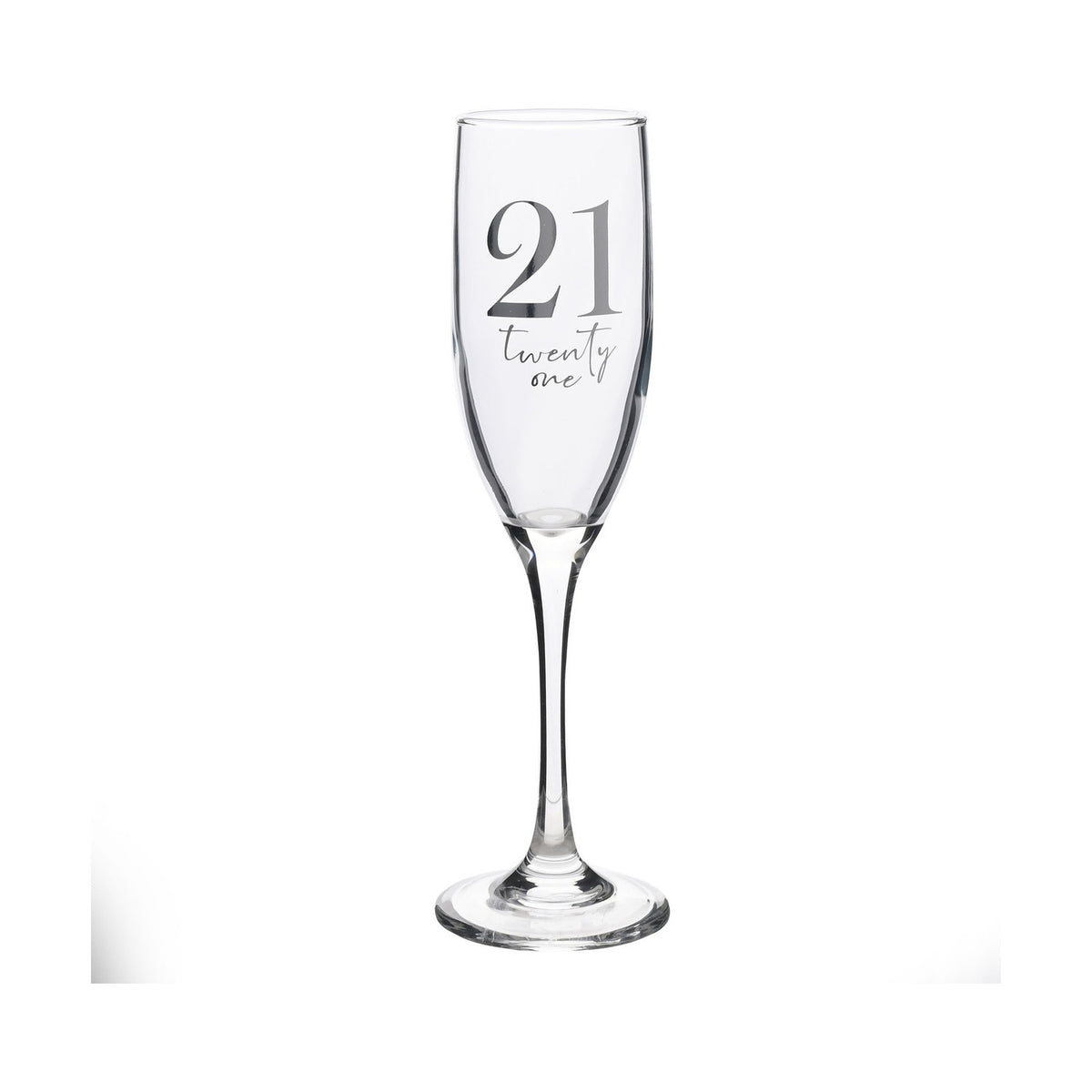 21st Birthday Glass Champagne Flute with Silver Text - Clear