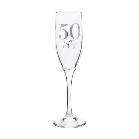 Clear glass champagne flute with a tall slender bowl, long stem and round foot, featuring silver "50" and "fifty" script lettering, shown on a plain white background.
