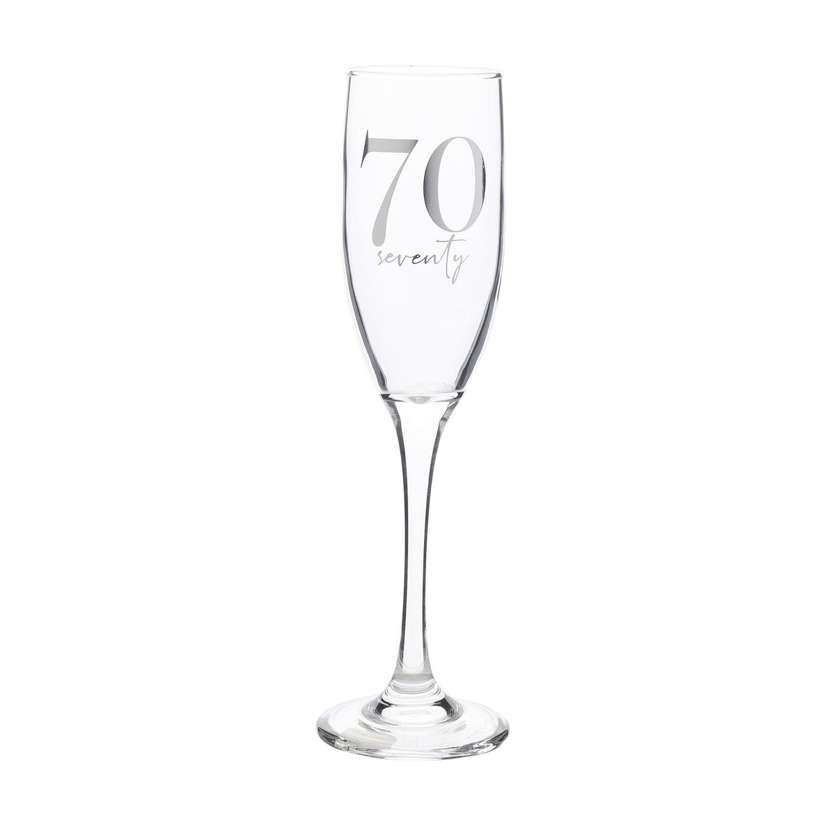 70th Birthday Champagne Flute with Silver Lettering - Clear