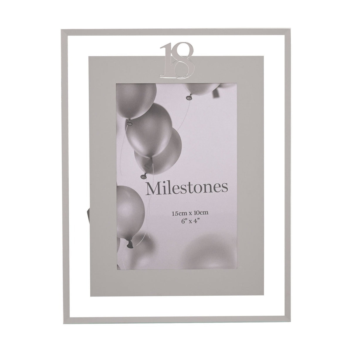 18th Birthday Mirror Border Photo Frame in silver with a rectangular 6 x 4in opening, grey mat, mirrored edge, and silver "18" topper, shown on a white background.