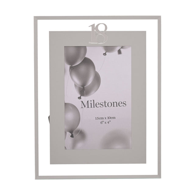 18th Birthday Mirror Border Photo Frame in silver with a rectangular 6 x 4in opening, grey mat, mirrored edge, and silver "18" topper, shown on a white background.