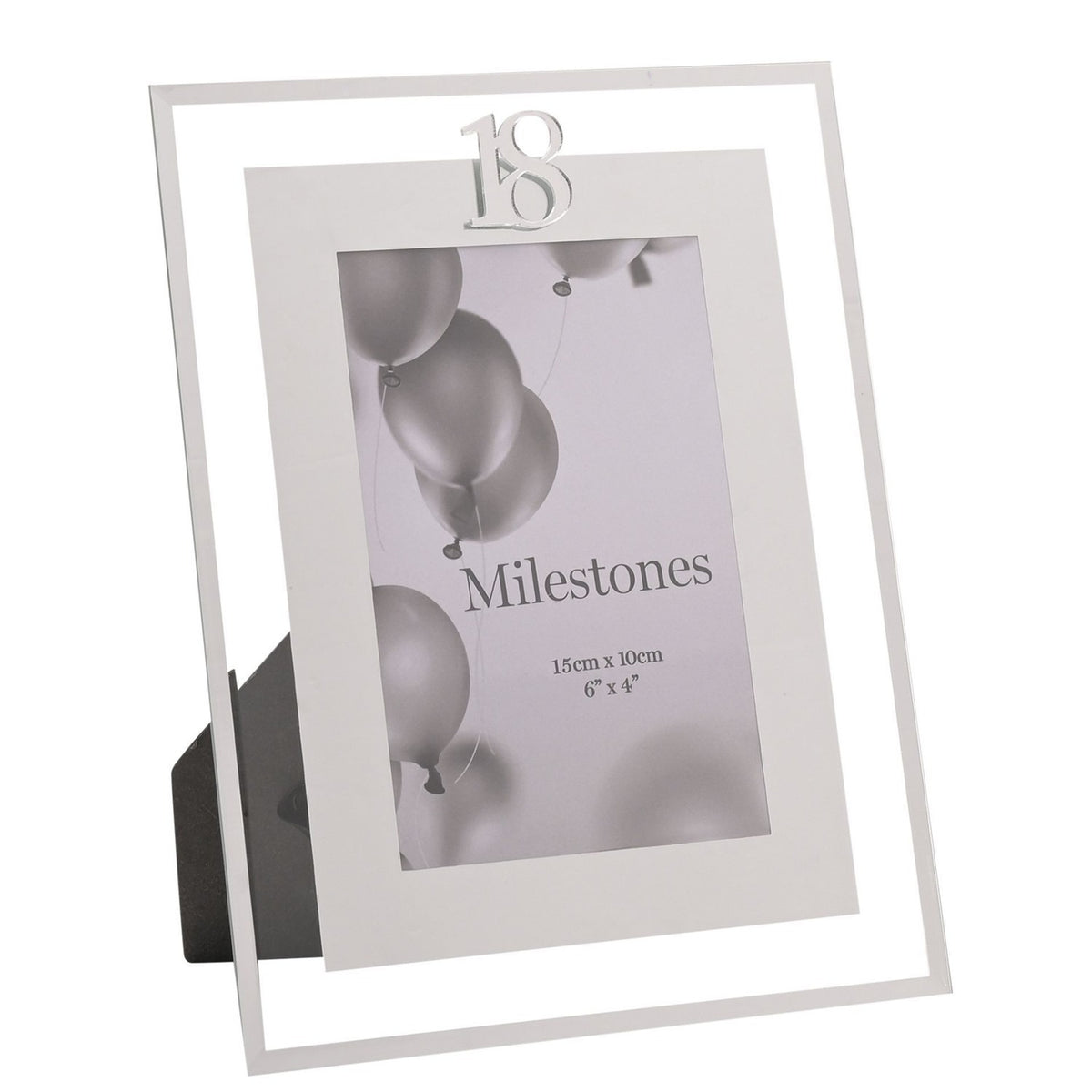 18th Birthday Mirror Border Photo Frame in silver, rectangular with a mirrored edge and silver "18" topper, holding a 6 x 4in portrait photo, shown on a plain background.