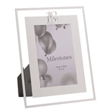 18th Birthday Mirror Border Photo Frame in silver, rectangular with a mirrored edge and silver "18" topper, holding a 6 x 4in portrait photo, shown on a plain background.