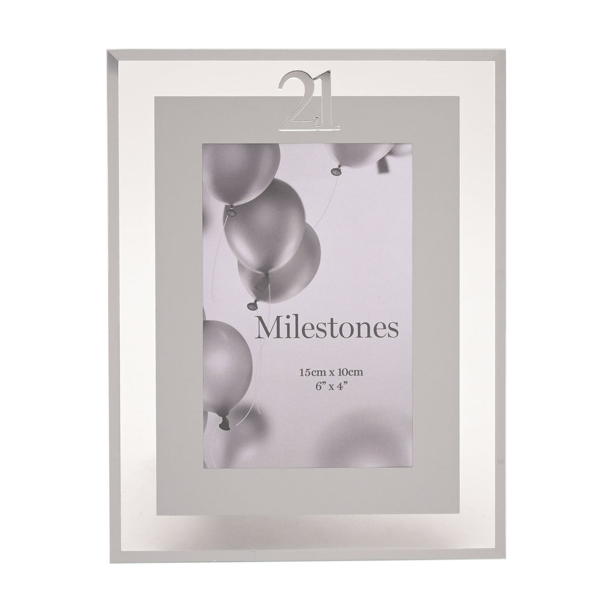 21st Birthday Mirror Border Photo Frame, 6 x 4in portrait, with a silver "21" at top centre and grey mat, shown on a white background.