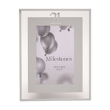 21st Birthday Mirror Border Photo Frame, 6 x 4in portrait, with a silver "21" at top centre and grey mat, shown on a white background.