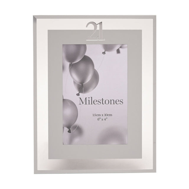 21st Birthday Mirror Border Photo Frame, 6 x 4in portrait, with a silver "21" at top centre and grey mat, shown on a white background.
