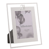 21st Birthday Mirror Border Photo Frame, rectangular portrait design in silver with mirrored border and "21" topper, holding a 6 x 4in balloon-themed sample photo.
